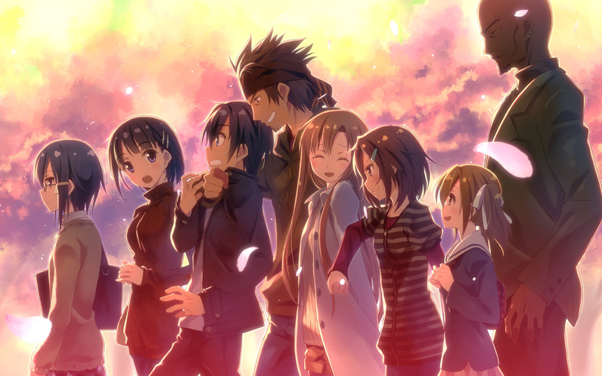 5girls :d ^_^ agil arm_around_neck asada_shino asuna_(sao) bag bald black_hair blue_eyes blush brown_hair casual clenched_teeth closed_eyes dark_skin earrings from_side glasses hair_ribbon headband jewelry kirigaya_suguha kirito klein lisbeth long_hair multiple_boys multiple_girls open_mouth petals ribbon short_hair silica smile striped sweatdrop sword_art_online teeth twintails wallpaper yuuki_tatsuya zipper