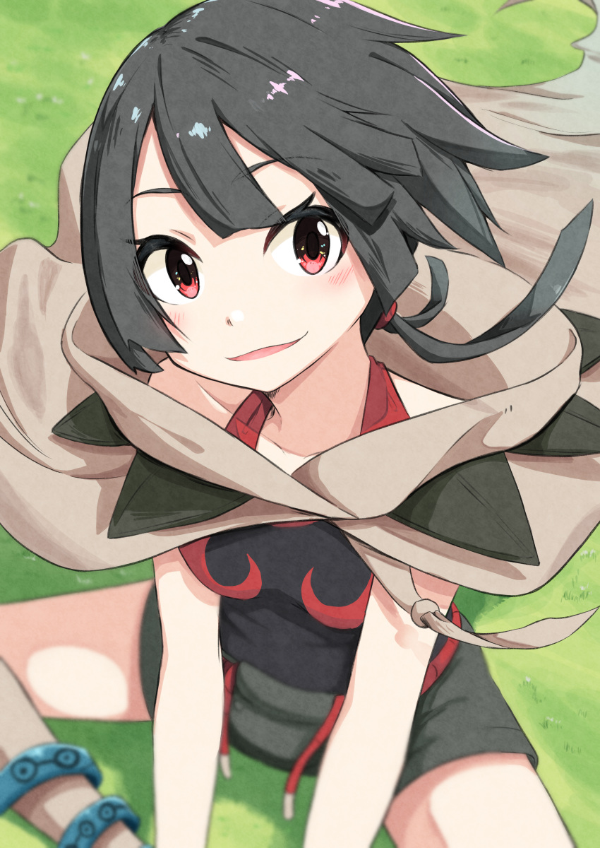 1girl absurdres anklet blush cape from_above grass grey_shorts halterneck highres indian_style jewelry looking_at_viewer looking_up low_ponytail negimiso1989 open_mouth outdoors pokemon pokemon_oras red_eyes rope_belt short_ponytail shorts sitting solo wind zinnia_(pokemon)