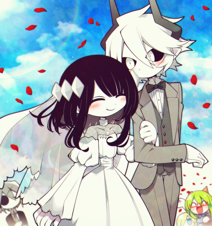 2boys 3girls black_hair black_sclera black_suit blonde_hair blue_eyes blush bow bowtie chibi closed_eyes colored_sclera colored_skin couple dress etihw_(haiiro_teien) eyepatch falling_petals froze_(haiiro_teien) funamusea glasses green_hair grey_hair grey_suit haiiro_teien highres kcalb_(haiiro_teien) looking_at_another mogeko_(okegom) multiple_boys multiple_girls necktie official_art people petals pointy_ears red-framed_eyewear red_petals suit wedding wedding_dress white_dress white_eyes white_hair white_skin wodahs_(haiiro_teien) yosafire_(haiiro_teien)