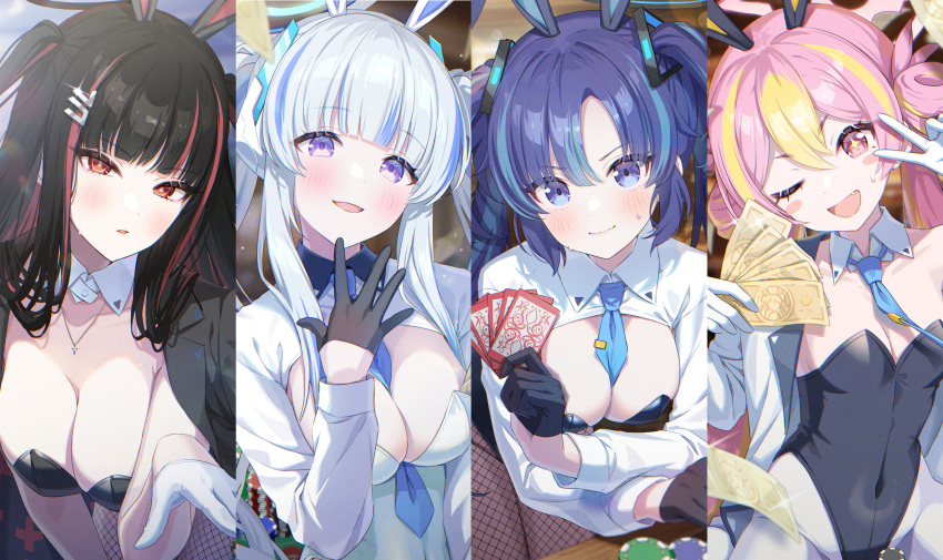 4girls ;d absurdres alternate_costume animal_ears banknote between_breasts black_gloves black_leotard blue_archive blue_necktie blush breasts card cleavage column_lineup cross-shaped_pupils fake_animal_ears fang fishnet_pantyhose fishnets gloves halo highres holding holding_card koyuki_(blue_archive) large_breasts leotard looking_at_viewer medium_breasts momomoi_momoi money multicolored_hair multiple_girls necktie necktie_between_breasts noa_(blue_archive) one_eye_closed pantyhose playboy_bunny poker_chip rabbit_ears rio_(blue_archive) seminar_(blue_archive) sidelocks small_breasts smile streaked_hair sweat symbol-shaped_pupils twintails two-tone_hair two_side_up v white_gloves white_leotard white_pantyhose yuuka_(blue_archive)