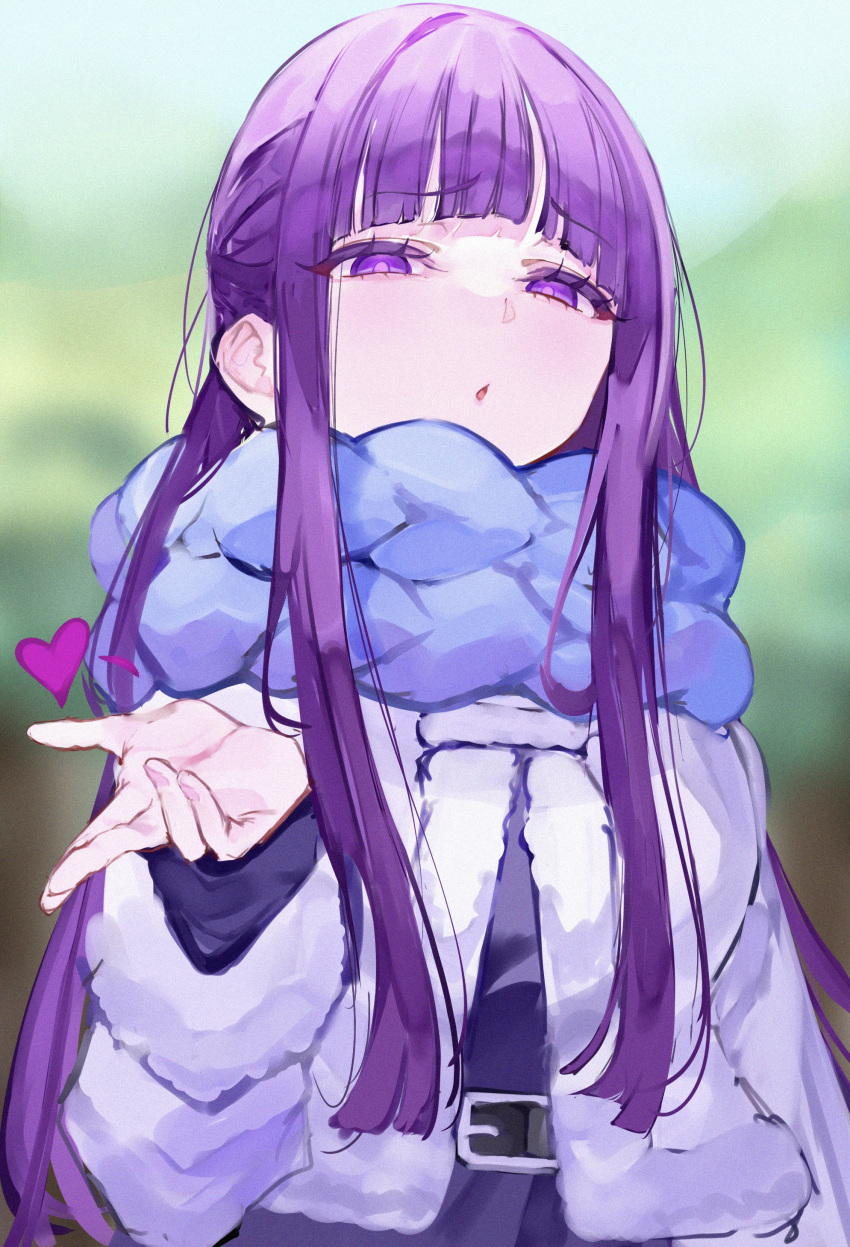 1girl absurdres belt black_dress blowing_kiss blue_scarf blunt_bangs breasts dress fern_(sousou_no_frieren) heart highres jacket large_breasts long_hair long_sleeves looking_at_viewer mile_(off8mile) open_mouth purple_eyes purple_hair scarf sidelocks solo sousou_no_frieren white_jacket