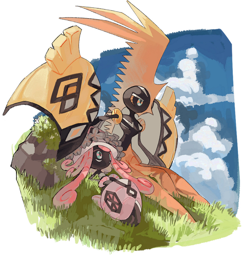 black_skin border cloud colored_skin commentary_request day grass highres homilmugi lying moss multicolored_eyes no_humans on_back outdoors pink_hair pokemon pokemon_(creature) rock sky tapu_koko tapu_lele white_border