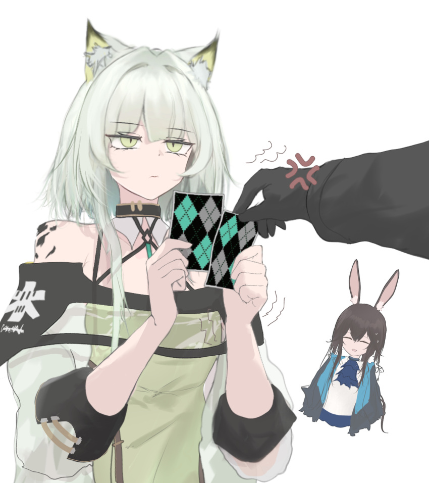 1other 2girls amiya_(arknights) anger_vein animal_ear_fluff animal_ears arknights ascot bare_shoulders black_gloves black_jacket blue_ascot brown_hair card cat_ears cat_girl closed_eyes closed_mouth criss-cross_halter detached_collar doctor_(arknights) dress gloves green_dress green_eyes grey_hair hair_between_eyes hair_intakes halterneck highres holding holding_card jacket kal'tsit_(arknights) long_hair mebe_(teadia_violet) medium_hair multiple_girls off-shoulder_jacket off_shoulder old_maid oripathy_lesion_(arknights) parted_lips playing_card poker_face_failure rabbit_ears rabbit_girl revision shirt simple_background slit_pupils smile star_of_life upper_body white_background white_shirt