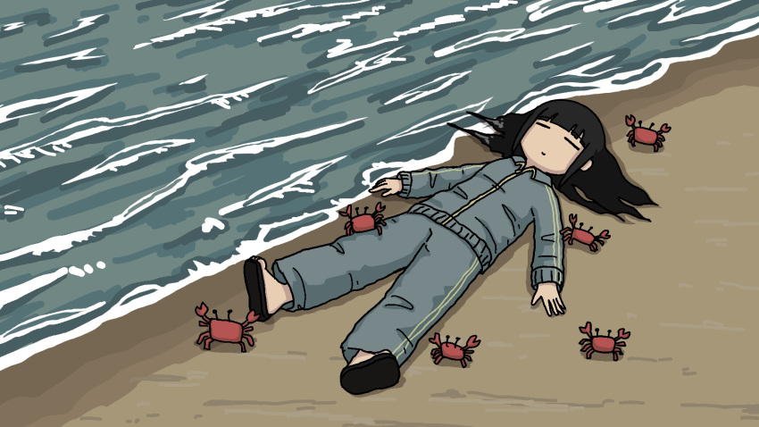 1girl beach black_hair blue_jacket blue_pants blunt_bangs closed_eyes closed_mouth crab fuchina_(fucinami) full_body funo-chan_(fuchina) highres jacket long_hair long_sleeves lying ocean on_back original outdoors pants sand slippers solo too_many track_suit water waves