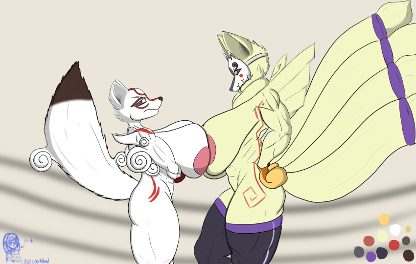 amaterasu_(okami) anthro big_breasts boxing boxing_gloves breast_squish breasts canid canine canis capcom cartdood clothing fighting_ring fox handwear hi_res huge_breasts mammal muscular ninetails_(okami) okami_(capcom) sport squish wolf