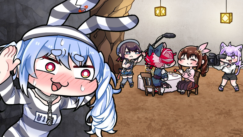 5girls animal_ears black_dress black_shorts blue_eyes blue_hair blush boom_microphone bow brown_hair brown_skirt camera chain chair collar double_bun dress drill_hair feeding frown grey_hair grey_thighhighs hair_bow hair_bun highres holding holding_camera hololive komainu_channel kureiji_ollie long_skirt multicolored_hair multiple_girls nekomata_okayu oozora_subaru ponytail prison_clothes purple_eyes purple_hair rabbit_ears red_eyes red_hair short_hair shorts sitting skirt sweat table tablecloth thighhighs tokino_sora twin_drills two-tone_hair usada_pekora video_camera virtual_youtuber white_hair