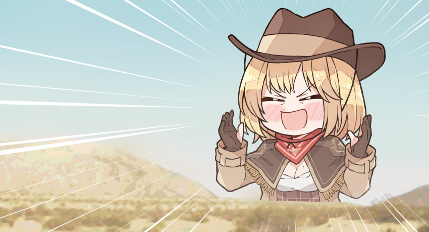 1girl adapted_costume black_gloves blonde_hair breasts brown_coat brown_headwear closed_eyes closed_mouth coat cowboy_hat cowgirl_(western) gloves hat highres hololive hololive_english kukie-nyan medium_hair mole mole_on_breast open_mouth partially_fingerless_gloves virtual_youtuber watson_amelia watson_amelia_(1st_costume)