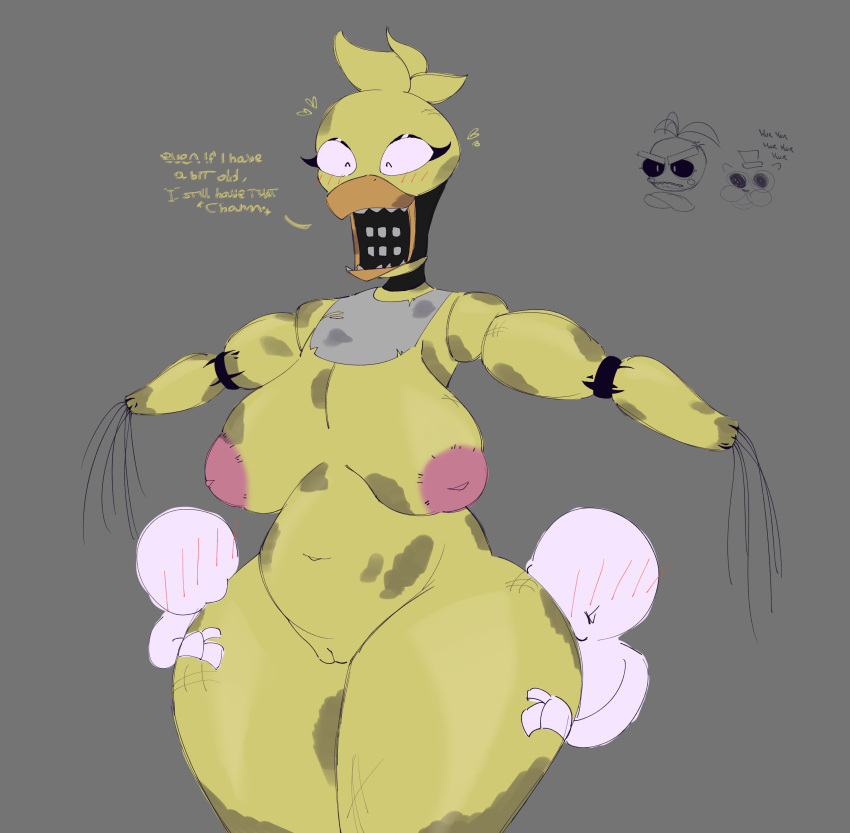 absurd_res animatronic anthro areola avian beak bib big_breasts bird blush blush_lines breasts chicken dialogue eyelashes eyes_closed female five_nights_at_freddy's five_nights_at_freddy's_2 galliform gallus_(genus) genitals grey_background group head_feathers head_tuft hi_res huge_breasts human inverted_nipples justelm25 larger_female machine mammal navel nipples nude phasianid pink_areola pink_nipples pussy robot scottgames simple_background size_difference slightly_chubby text thick_thighs trio tuft wide_hips wire withered_chica_(fnaf) yellow_body