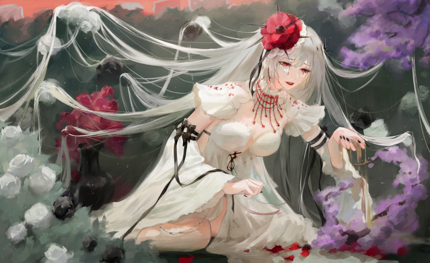 1girl absurdres black_nails black_ribbon blood blood_from_eyes branch breasts chinese_commentary commentary coquelic_(path_to_nowhere) cross-laced_clothes cross-laced_dress crying crying_with_eyes_open detached_sleeves dress flower full_body hair_flower hair_ornament hair_ribbon highres kneeling lingerie long_hair looking_at_hand looking_down luori_dianxin medium_breasts nail_polish parted_lips path_to_nowhere purple_leaves red_eyes red_flower red_lips red_rose ribbon rose sand sleeve_ribbon solo straight_hair tears thorns tree underwear vase very_long_hair white_dress white_flower white_hair white_rose wide_sleeves