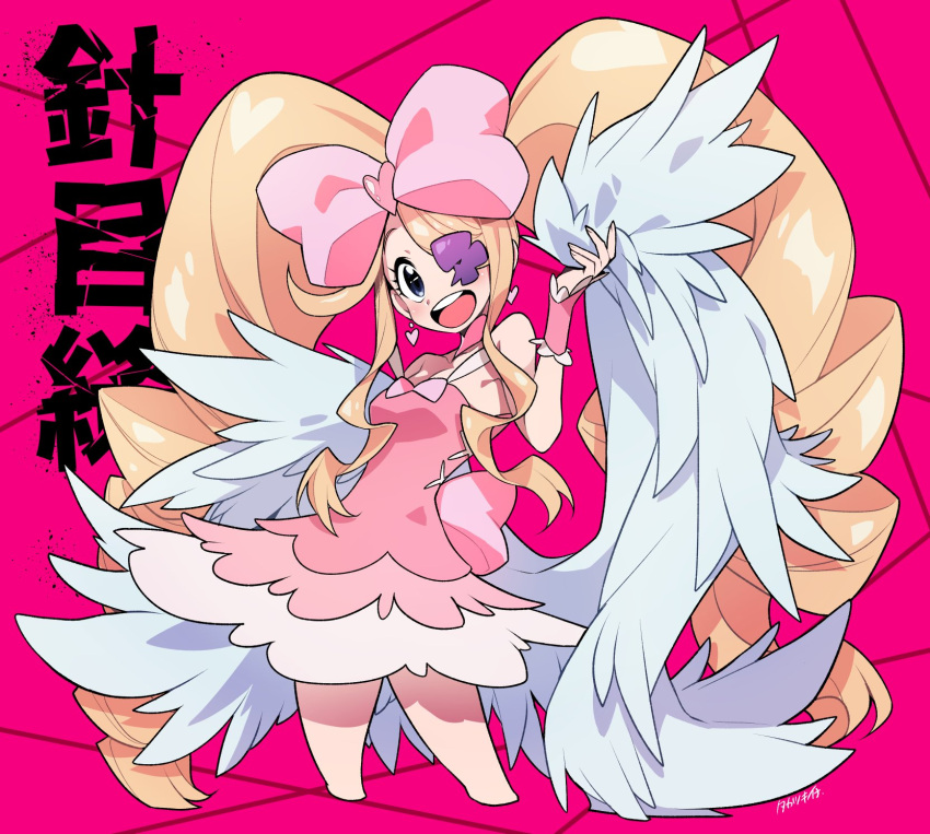 1girl blonde_hair blue_eyes blush bow breasts character_name cropped_legs dress drill_hair eyepatch hair_bow harime_nui highres kill_la_kill long_hair open_mouth pink_background pink_bow pink_dress sidelocks signature sleeveless sleeveless_dress small_breasts smile solo takatsuki_ichi twin_drills twintails