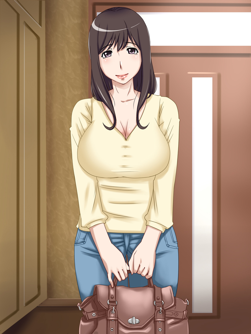 1girl absurdres bag breasts brown_eyes brown_hair cleavage denim female hamasei handbag highres jeans kamomes large_breasts lipstick long_hair looking_at_viewer makeup milf pants purse smile solo standing tetsukui