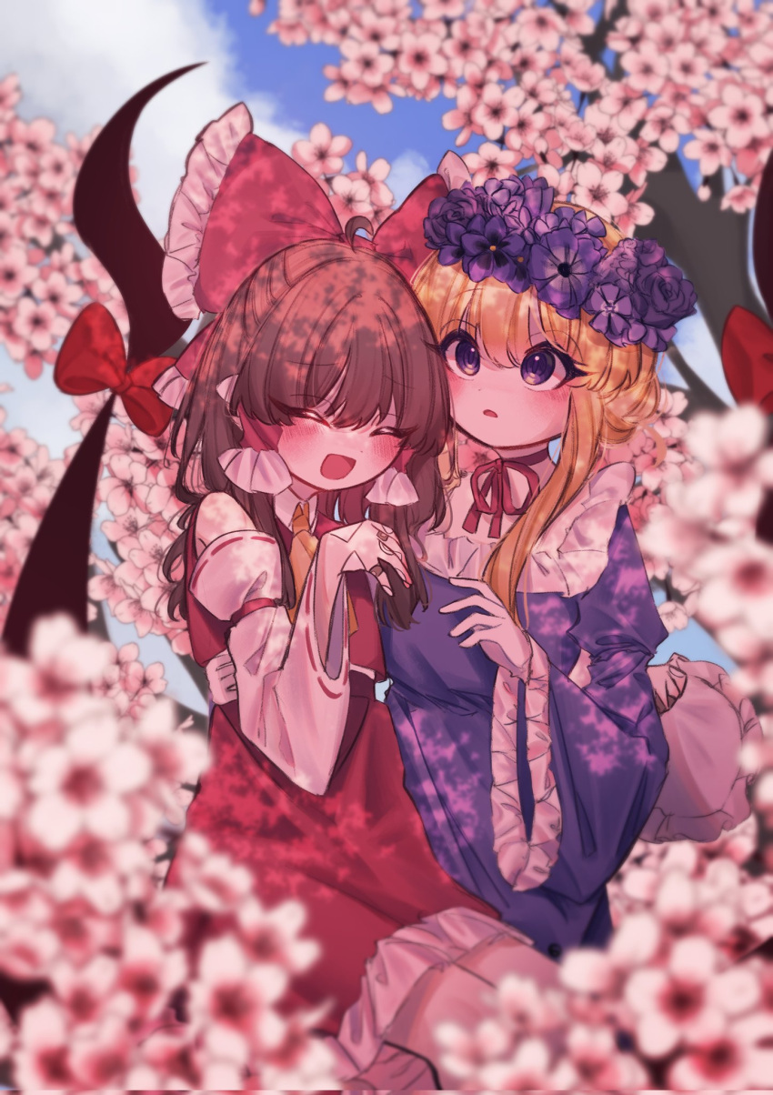 2girls alternate_headwear arm_around_waist ascot bandaid bandaid_on_hand blonde_hair blush bow brown_hair choker closed_eyes cloud cloudy_sky commentary detached_sleeves dress flower frilled_bow frilled_hair_tubes frills gap_(touhou) gloves hair_bow hair_tubes hakurei_reimu head_wreath highres long_hair long_sleeves multiple_girls open_mouth pink_flower purple_dress purple_eyes purple_flower red_bow red_ribbon red_skirt ribbon ribbon-trimmed_sleeves ribbon_choker ribbon_trim sitting sitting_on_lap sitting_on_person skirt skirt_set sky smile tohou89 touhou tree yakumo_yukari yellow_ascot yuri