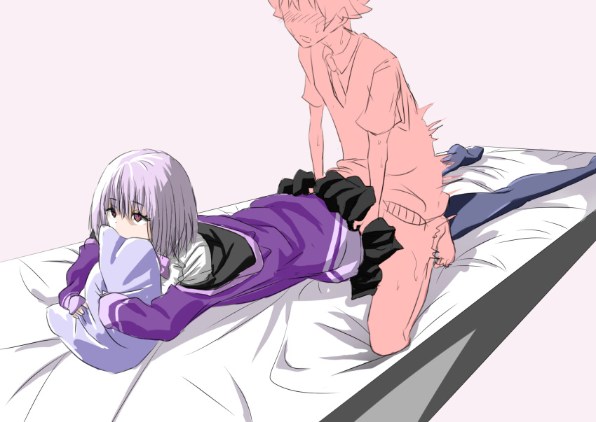 1boy 1girl bangs bed bed_sheet black_skirt clothed_sex collared_shirt comic commentary_request couple eyebrows_visible_through_hair grey_legwear hand_on_another's_ass hetero hibiki_yuuta highres hood hooded_jacket hoodie jacket long_sleeves lying miniskirt necktie no_pants no_shoes on_stomach pantyhose pillow pillow_hug pink_hair pleated_skirt purple_jacket red_eyes reverse_contact school_uniform sex shinjou_akane shirt short_hair short_sleeves skirt skirt_lift squatting ssss.gridman sweat vaginal waistcoat white_shirt wing_collar