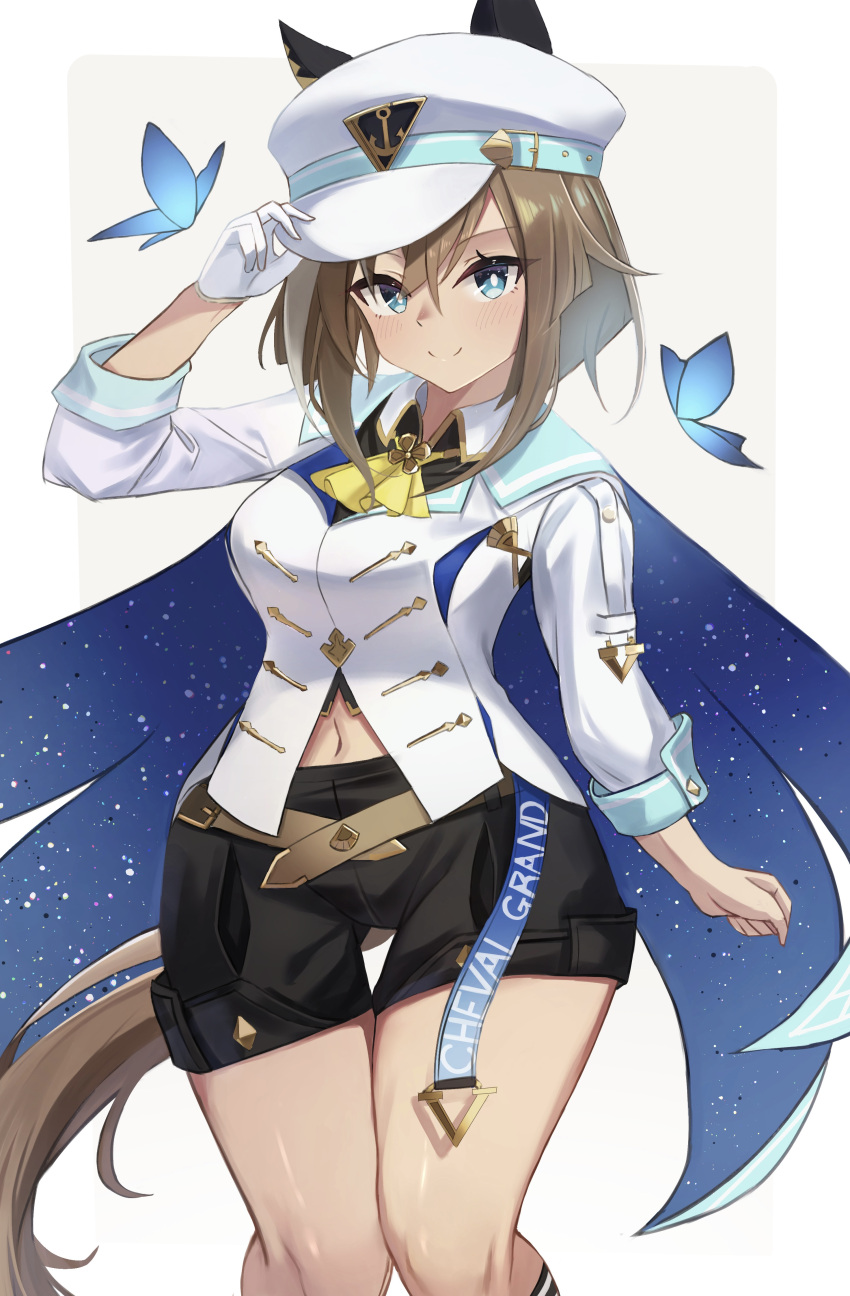 1girl absurdres adjusting_clothes animal_ears ascot black_shorts blue_cape blue_eyes breasts brown_hair bug butterfly cape character_name cheval_grand_(umamusume) commentary_request cowboy_shot gloves hair_between_eyes hat highres horse_ears horse_girl horse_tail jacket long_sleeves looking_at_viewer medium_breasts midriff_peek multicolored_hair navel peaked_cap shorts simple_background single_glove solo streaked_hair taguchi_yuu tail umamusume white_background white_gloves white_hair white_headwear white_jacket yellow_ascot