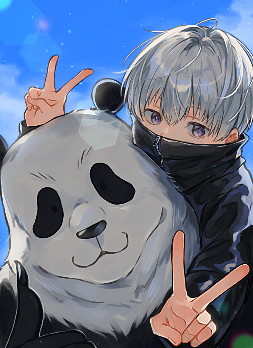 1boy animal blue_sky double_v grey_hair hair_between_eyes highres inumaki_toge jujutsu_kaisen lens_flare light_particles looking_at_viewer male_focus omutarou panda panda_(jujutsu_kaisen) posing purple_eyes short_hair sky thumbs_up upper_body v