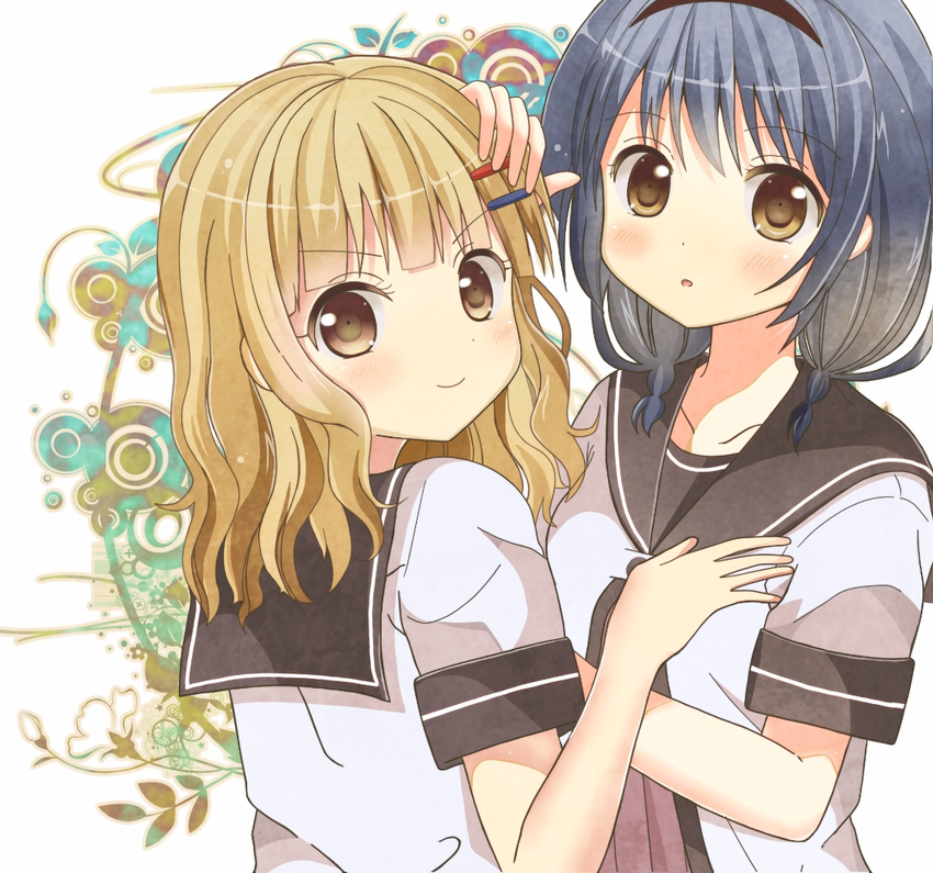 blonde_hair blue_hair braid brown_eyes collarbone furutani_himawari hair_ornament hairband hairclip hand_on_another's_head looking_at_viewer multiple_girls nanamori_school_uniform oomuro_sakurako open_mouth ryoutan school_uniform serafuku smile twin_braids yuru_yuri