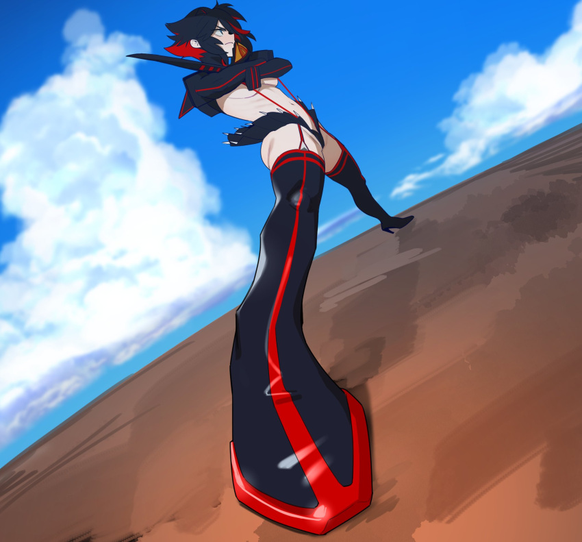 1girl black_thighhighs closed_mouth cloud cloudy_sky crossed_arms day from_side frown groin highres hong_doo kill_la_kill long_sleeves matoi_ryuuko meme microskirt multicolored_hair navel outdoors profile red_hair red_thighhighs short_hair skirt sky solo thighhighs two-tone_hair