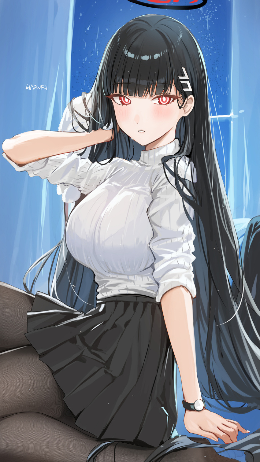 1girl artist_name black_hair black_pantyhose black_skirt blue_archive blush breasts bright_pupils commentary hair_ornament hairpin halo haruri highres large_breasts long_hair looking_at_viewer open_mouth pantyhose pleated_skirt red_eyes rio_(blue_archive) short_sleeves signature skirt solo sweater turtleneck turtleneck_sweater white_pupils white_sweater
