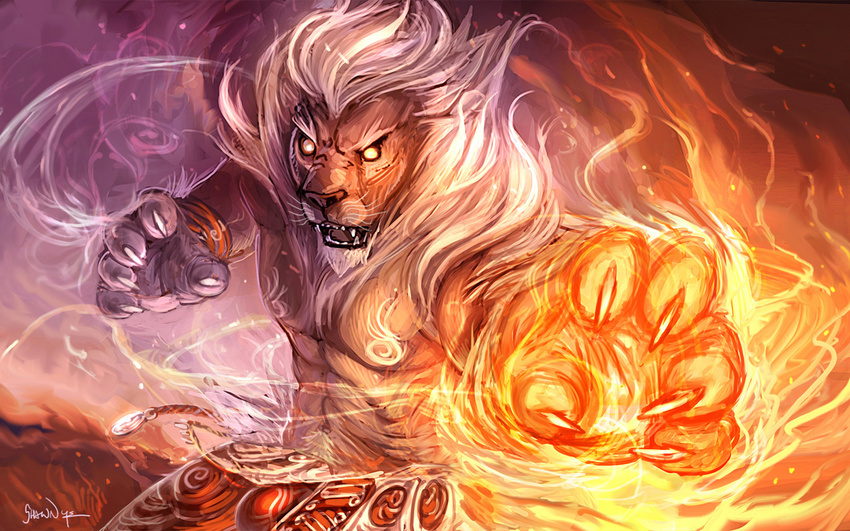 anthro beast biceps cheetahpaws claws fangs fantasy feline fighting_stance fire front_view fur glowing glowing_eyes hair jaws lion magic male mammal muscles pecs pose restricted_palette solo standing topless tribal warm_colors yellow_eyes