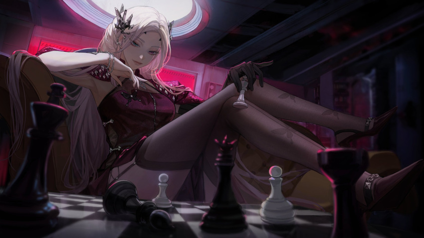 1girl animal_print aria_yin black_gloves black_thighhighs blue_eyes blurry board_game butterfly_brooch butterfly_print chess chessboard couch crossed_legs dark_background depth_of_field dress eirene_(path_to_nowhere) full_body gloves hair_ornament heterochromia high_heels highres holding_chess_piece indoors jewelry legs_up light_smile long_hair looking_down on_couch path_to_nowhere pink_eyes pink_lips red_dress sitting solo thighhighs thighs white_hair