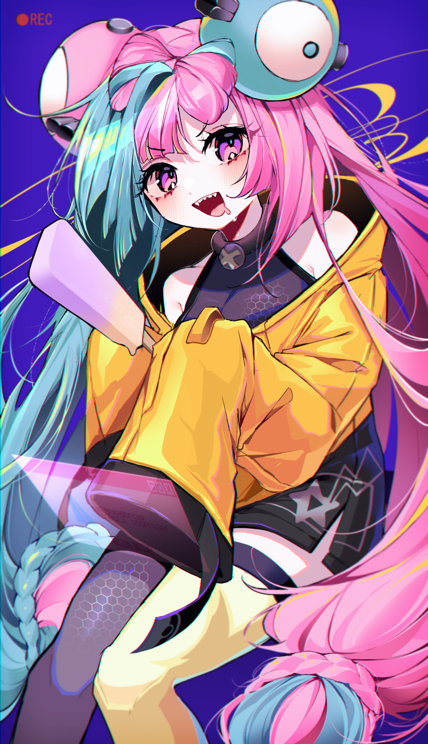 1girl :d absurdres blue_background blush bow-shaped_hair character_hair_ornament commentary_request drooling food green_hair grey_shirt hair_ornament happy highres holding iono_(pokemon) jacket looking_at_viewer modohwa mouth_drool open_mouth pink_hair pokemon pokemon_sv popsicle purple_eyes recording shirt single_leg_pantyhose sleeveless sleeveless_shirt sleeves_past_fingers sleeves_past_wrists smile solo teeth thigh_strap upper_teeth_only yellow_jacket