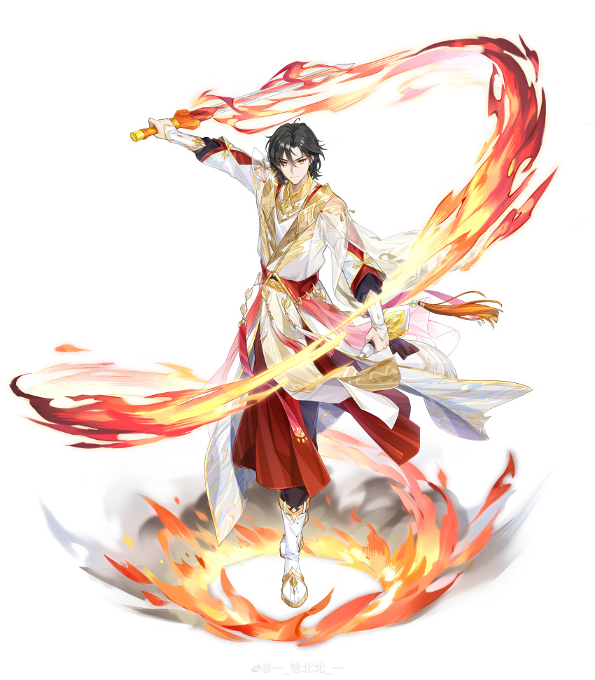 1boy absurdres alternate_costume arm_at_side black_hair black_pants bottle chinese_clothes closed_mouth curtained_hair fire flaming_sword flaming_weapon full_body gold_trim hair_between_eyes highres holding holding_bottle holding_sword holding_weapon hongmao_and_lantu long_sleeves looking_at_viewer male_focus official_art outstretched_arm pants pelvic_curtain pyrokinesis qiabeibei red_sash reverse_grip robe sash see-through short_hair simple_background smile smoke solo standing sword taibai_duck_(the_tale_of_food) tassel the_tale_of_food weapon weibo_logo weibo_username white_background white_footwear white_robe yaopei yellow_eyes