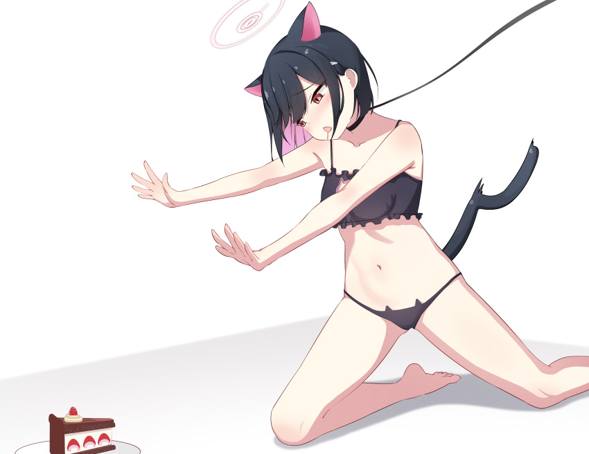 1girl absurdres animal_collar animal_ears barefoot black_bra black_hair black_panties blue_archive blush bra breasts cake cake_slice cat_cutout cat_ears cat_lingerie clothing_cutout collar collarbone colored_inner_hair drooling food halo highres kazusa_(blue_archive) medium_breasts meme_attire multicolored_hair n3moni navel open_mouth panties pink_hair pink_halo red_eyes short_hair simple_background soles solo underwear white_background