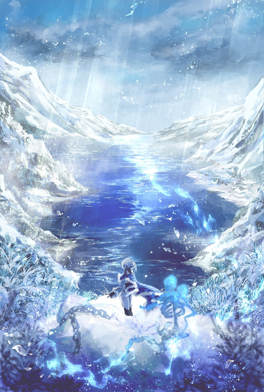 1girl absurdres akershus_fortress_(oshiro_project) black_gloves blue_cape blue_cloak bodysuit bone canop_s cape chain cloak cloud facing_away fantasy gloves grey_hair highres lake monster mountain nature oshiro_project:re outdoors scenery skeleton snow standing white_bodysuit