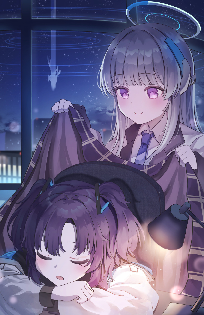 2girls absurdres blue_archive blue_necktie closed_eyes closed_mouth collared_shirt grey_hair halo highres indoors jacket long_hair long_sleeves mechanical_halo multiple_girls necktie noa_(blue_archive) open_mouth purple_eyes purple_hair shan_(ti0n) shirt sleeping smile two_side_up white_jacket white_shirt yuuka_(blue_archive)