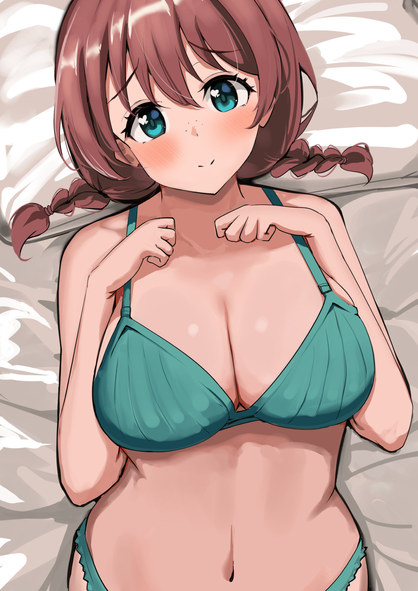 1girl absurdres aqua_bra aqua_eyes aqua_panties bed blush bra braid breasts brown_hair cleavage emma_verde evildaddy12 hands_on_own_chest head_tilt heart heart_in_eye highres large_breasts looking_at_viewer love_live! love_live!_nijigasaki_high_school_idol_club lying navel on_back on_bed panties pillow smile solo symbol_in_eye twin_braids underwear underwear_only upper_body