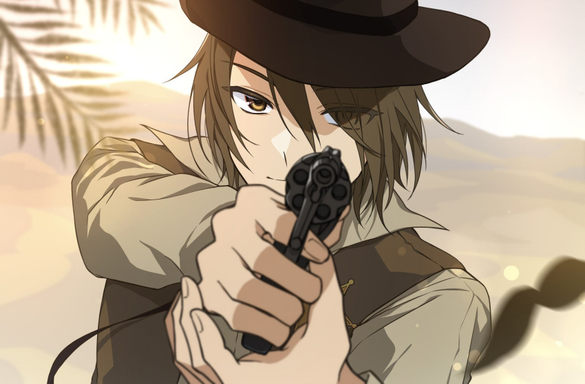 1boy aiming aiming_at_viewer brown_eyes brown_footwear brown_hair brown_vest collared_shirt commentary_request cowboy_hat cowboy_western fsin_1 gun hat highres holding holding_gun holding_weapon koizumi_itsuki long_sleeves looking_at_viewer male_focus revolver sheriff_badge shirt short_hair solo suzumiya_haruhi_no_yuuutsu vest weapon