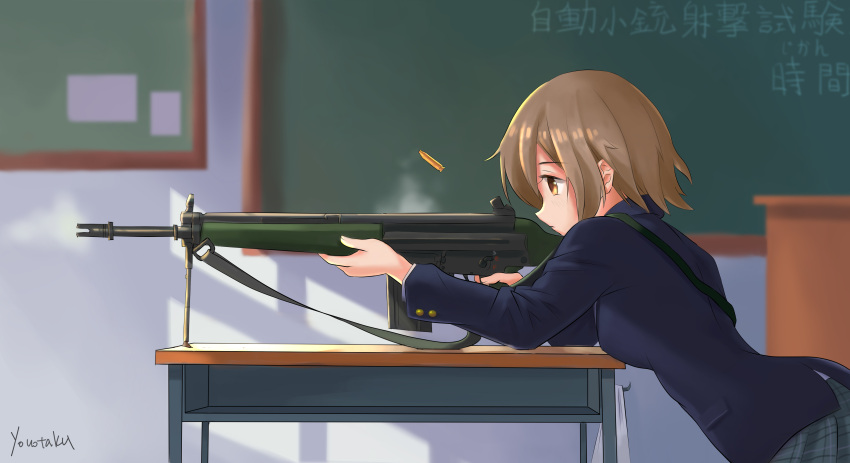 1girl absurdres aiming battle_rifle black_skirt blue_jacket breasts brown_eyes brown_hair bulletin_board chalkboard chinese_commentary commentary_request desk from_side gun h&amp;k_g3 highres jacket medium_breasts original plaid plaid_skirt pleated_skirt podium rifle school_desk school_uniform shell_casing signature skirt smoke solo upper_body weapon youotaku