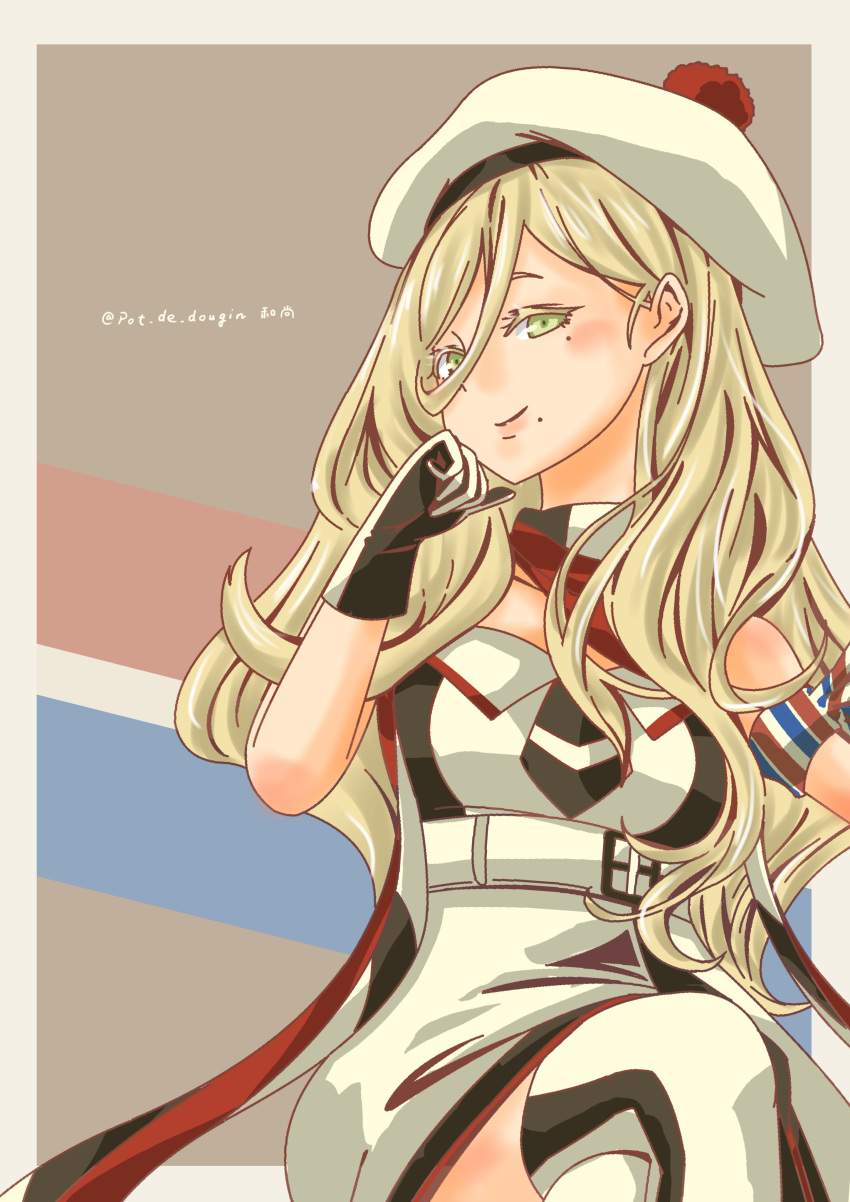 1girl absurdres blonde_hair blue_eyes cowboy_shot dress gloves hair_between_eyes highres kantai_collection long_hair looking_at_viewer mole mole_under_eye mole_under_mouth multicolored_clothes multicolored_dress multicolored_gloves multicolored_scarf pot-de richelieu_(kancolle) scarf solo strapless strapless_dress striped_clothes striped_thighhighs thighhighs two-tone_gloves two-tone_legwear white_dress