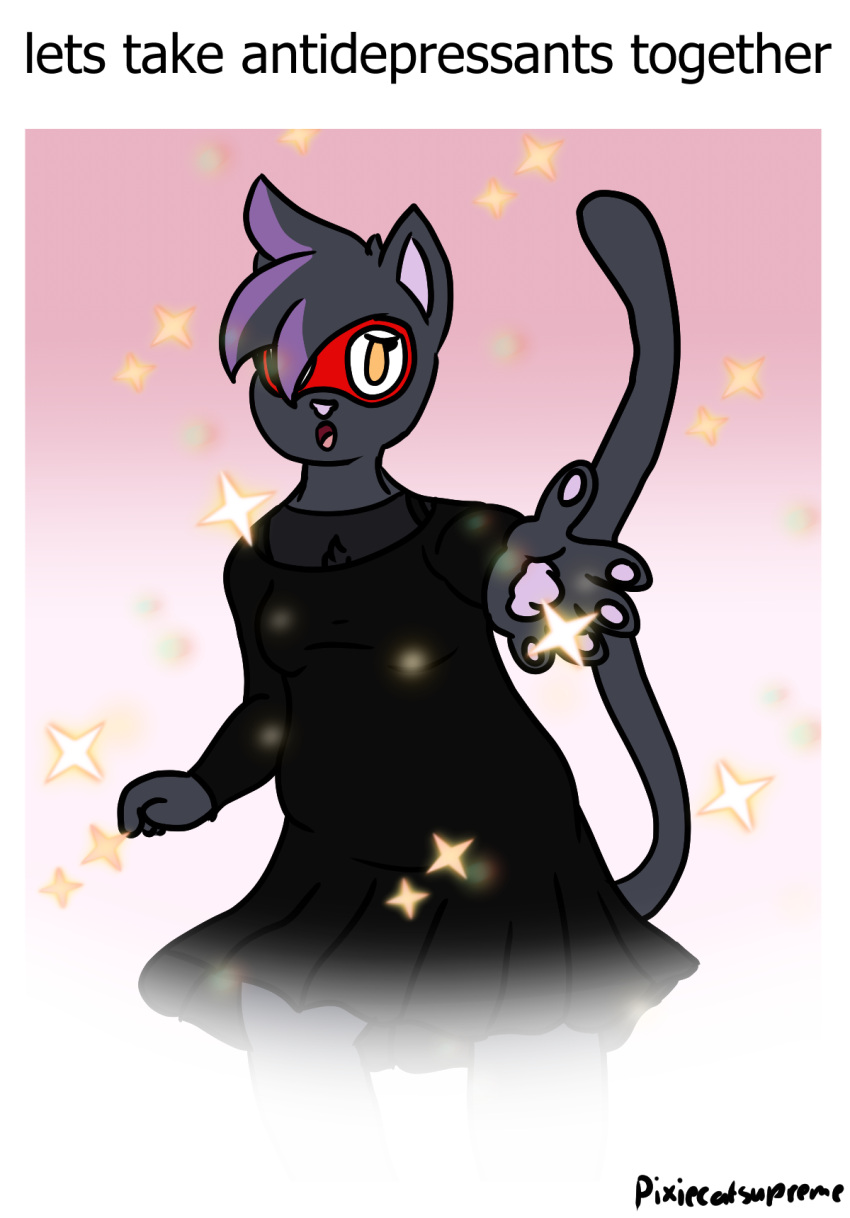 black_body black_clothing black_dress black_fur cloe_(pixiecatsupreme) clothing domestic_cat dress eyewear felid feline felis fur glasses hi_res mammal nonbinary_(lore) pink_nose pixiecatsupreme sad sparkles