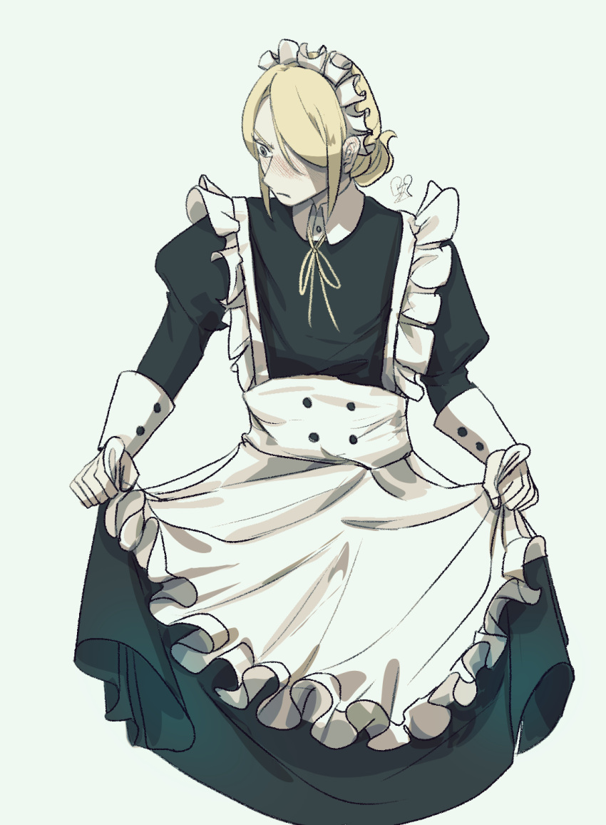 1boy alternate_costume blonde_hair blush closed_mouth dress embarrassed frills grey_eyes hair_over_one_eye highres holding light_frown long_sleeves looking_to_the_side maid male_focus mgyuseu42340 pokemon pokemon_legends:_arceus signature volo_(pokemon)
