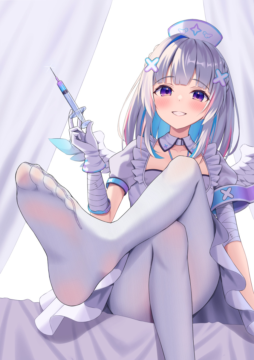 1girl absurdres amane_kanata amane_kanata_(nurse) angel_wings armband bandaged_arm bandages blue_hair blunt_bangs blush collarbone colored_inner_hair crossed_legs curtains detached_collar dress eyelashes feathered_wings feet flat_chest foot_focus foot_out_of_frame foreshortening gloves gradient_eyes hair_ornament hat highres holding holding_syringe hololive knees_up kumoru_(kumoru_145) legs long_hair multicolored_eyes multicolored_hair no_shoes nurse nurse_cap official_alternate_costume pantyhose pink_hair puffy_short_sleeves puffy_sleeves purple_eyes short_sleeves sidelocks single_hair_intake sitting smile soles solo streaked_hair syringe teeth toes virtual_youtuber white_dress white_gloves white_pantyhose wings x_hair_ornament