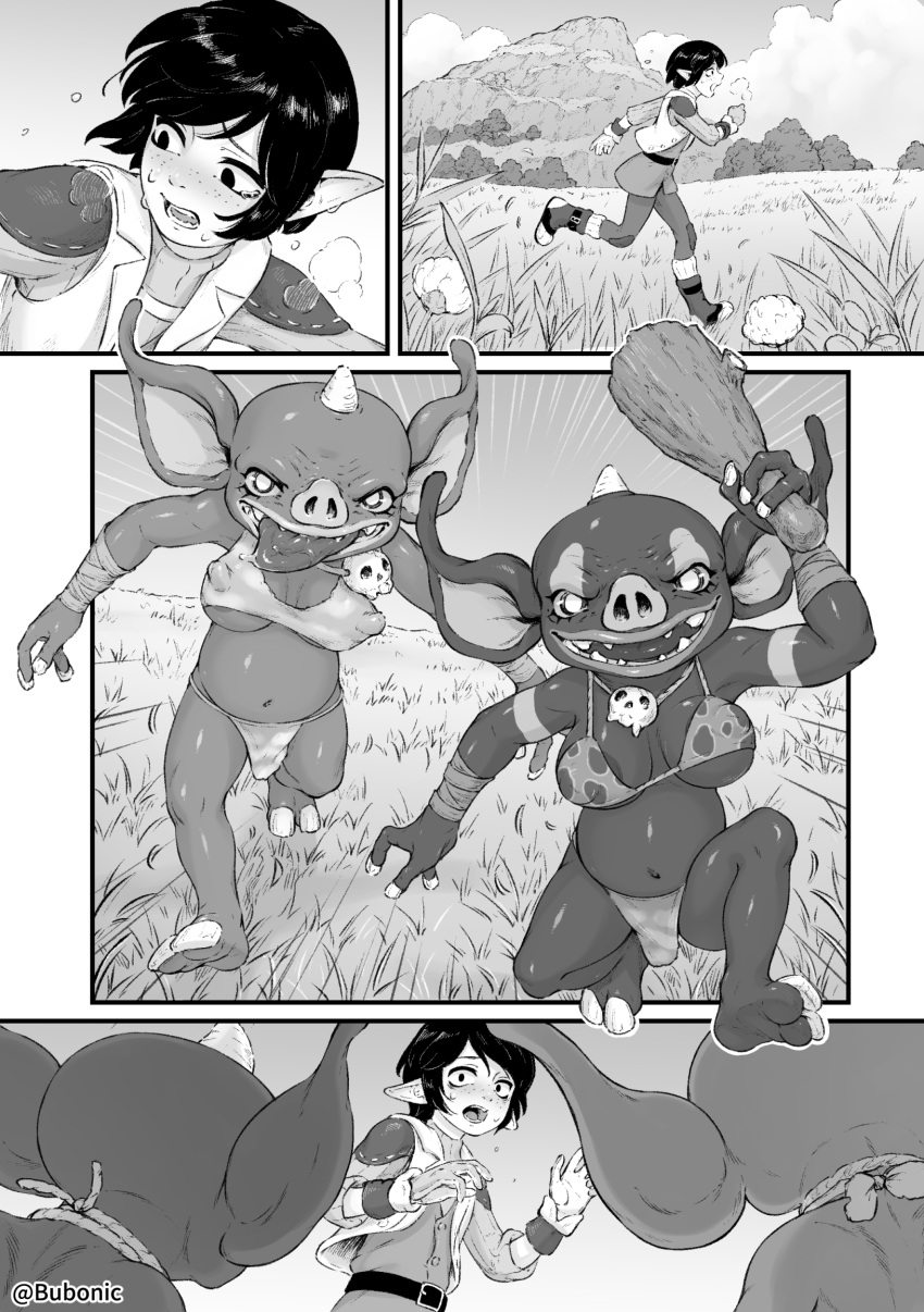 2022 anthro areola areola_slip being_watched blin_(tloz) bokoblin bottomwear bra breasts breath_of_the_wild bubonikku chasing clothing cloud club_(weapon) comic elf female footwear grass group hair hi_res horn humanoid humanoid_pointy_ears hylian loincloth looking_at_another looking_back male melee_weapon monochrome mountain navel nintendo nipple_outline open_mouth plant running scared signature the_legend_of_zelda tongue tongue_out trio underwear weapon