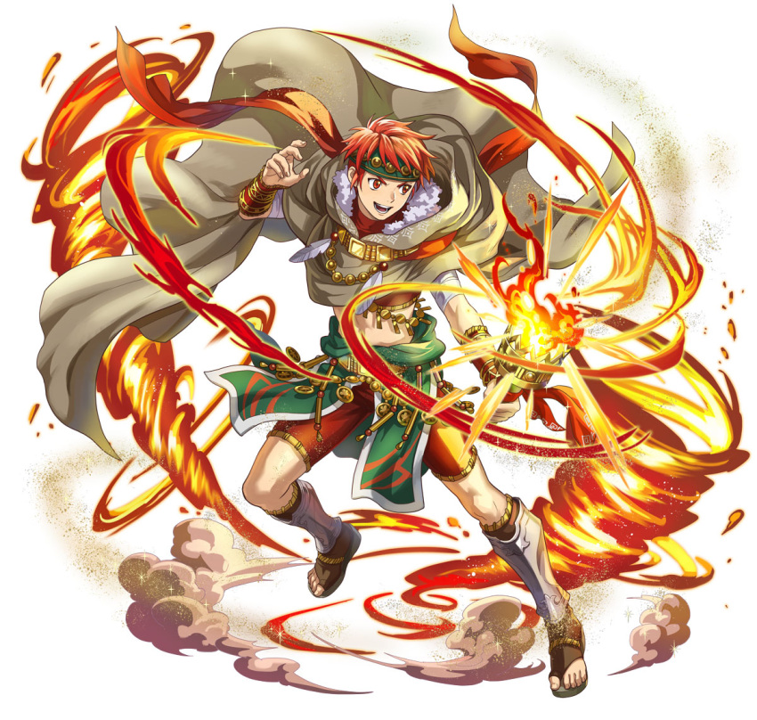 1boy attack cape capelet fire fire_emblem fire_emblem:_radiant_dawn full_body fur-trimmed_capelet fur_trim headband indesign midriff navel official_alternate_costume official_art open_mouth red_eyes red_hair red_scarf scarf smile solo teeth torch tormod_(fire_emblem) tormod_(indomitable_will)_(fire_emblem)