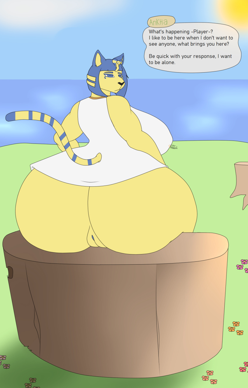 animal_crossing ankha_(animal_crossing) anthro big_breasts big_butt blue_eyes breasts butt clothed clothing dialogue dress felid feline female genitals hi_res looking_at_viewer looking_back mammal nintendo photolol.03 pussy sitting solo text thick_thighs truck wide_hips