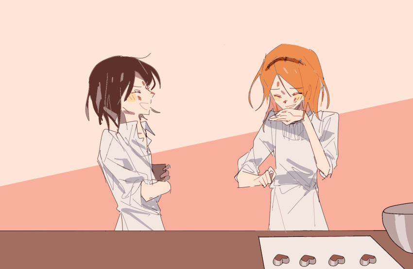 2others alternate_hair_color androgynous apron baking brown_hair brown_hairband closed_eyes collared_shirt cookie_cutter fuluola_xiaoyao hairband heart highres laughing len'en multiple_others open_mouth orange_hair other_focus senri_tsurubami shirt short_hair sketch sleeves_rolled_up smile white_apron white_shirt zuifeng_tenkai