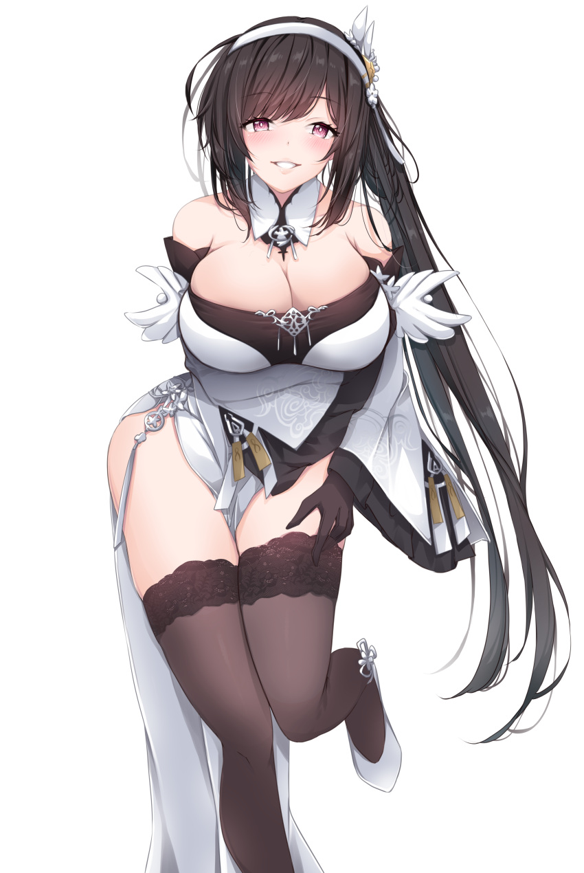 1girl absurdres azur_lane bare_shoulders black_dress black_flower black_gloves black_hair black_rose black_thighhighs blush bodystocking breasts brown_gloves chen_hai_(azur_lane) china_dress chinese_clothes cleavage commission cowboy_shot dress elbow_gloves flower gloves hair_ornament highres lace-trimmed_gloves lace_trim large_breasts leaning_forward long_hair looking_at_viewer mikuchi3939 pelvic_curtain pixiv_commission purple_eyes red_eyes rose solo taut_clothes taut_dress thighhighs tight_clothes tight_dress