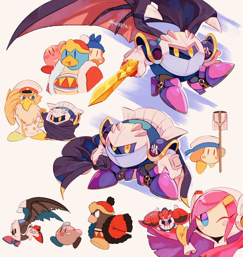 :d armor armored_boots arms_up artist_name bandana bandana_waddle_dee beard black_wings blue_background blue_bandana blue_eyes blush blush_stickers boots buttons captain_vul coat commentary_request cracked_mask dark_meta_knight double-breasted epaulettes facial_hair floating_hair fur-trimmed_jacket fur_trim galaxia_(sword) gloves hand_up hat highres holding holding_mop holding_sword holding_weapon jacket king_dedede kirby kirby_(series) long_hair looking_at_another looking_at_viewer mask mecha_knight meta_knight military_uniform mop naval_uniform on_shoulder one_eye_closed open_clothes open_jacket open_mouth pauldrons peaked_cap pink_hair pom_pom_(clothes) profile purple_footwear red_footwear red_headwear red_jacket running sailor_hat sailor_waddle_dee shadow_dedede shadow_kirby shoulder_armor sideways_glance simple_background smile spiked_wings spikes susie_(kirby) sword tokuura torn_wings twitter_username uniform weapon white_background white_coat white_eyes white_gloves white_headwear wings yellow_eyes yellow_gloves