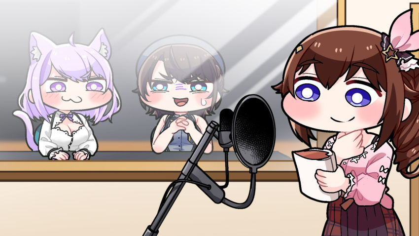 3girls :3 ahoge animal_ears aqua_eyes beret blue_eyes braid breasts brown_hair brown_skirt cat_ears cat_girl cat_tail cleavage cleavage_cutout clothing_cutout commentary_request drill_hair hat highres holding holding_paper hololive komainu_channel large_breasts microphone microphone_stand multiple_girls nekomata_okayu oozora_subaru own_hands_together paper pop_filter purple_eyes purple_hair short_hair side_ponytail skirt sweatdrop tail tokino_sora v-shaped_eyebrows virtual_youtuber window