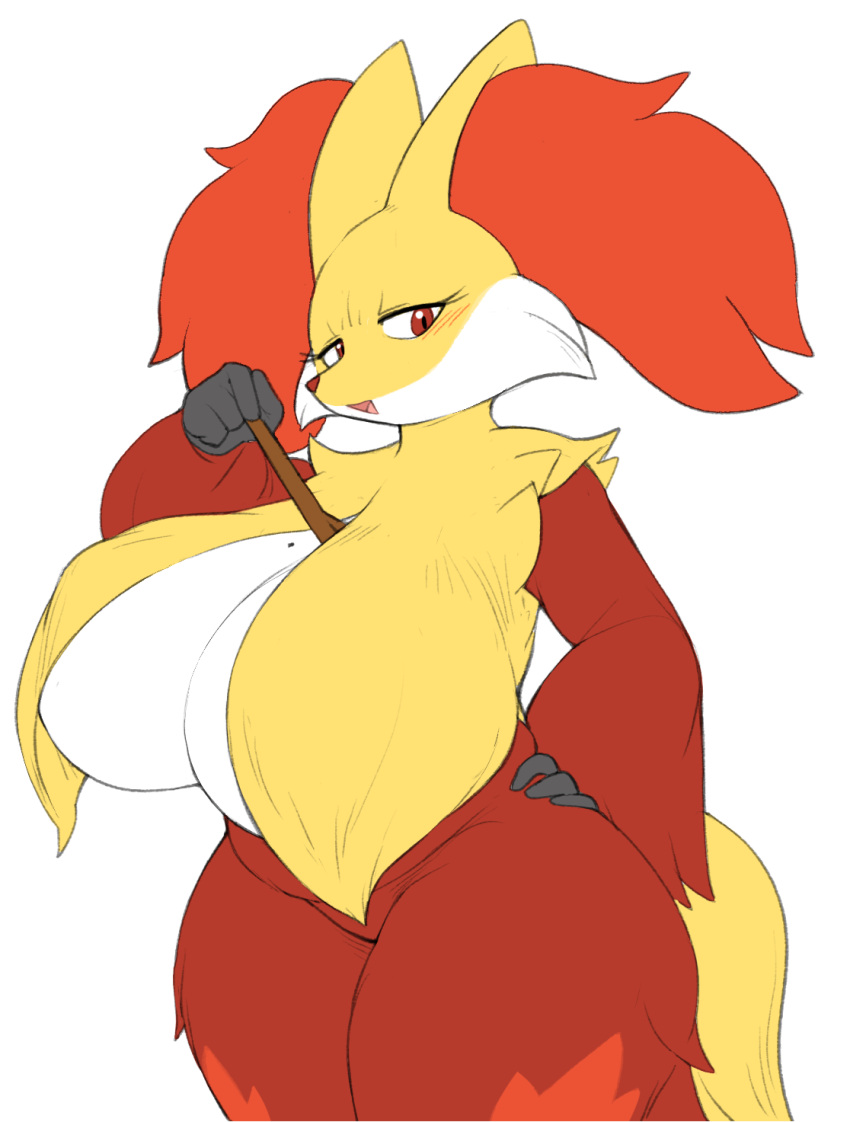 anthro big_breasts breasts canid canine delphox female fur generation_6_pokemon hi_res huge_breasts inner_ear_fluff mammal nintendo pokemon pokemon_(species) pururing red_body red_fur simple_background solo thick_thighs tuft white_body white_fur yellow_body yellow_fur