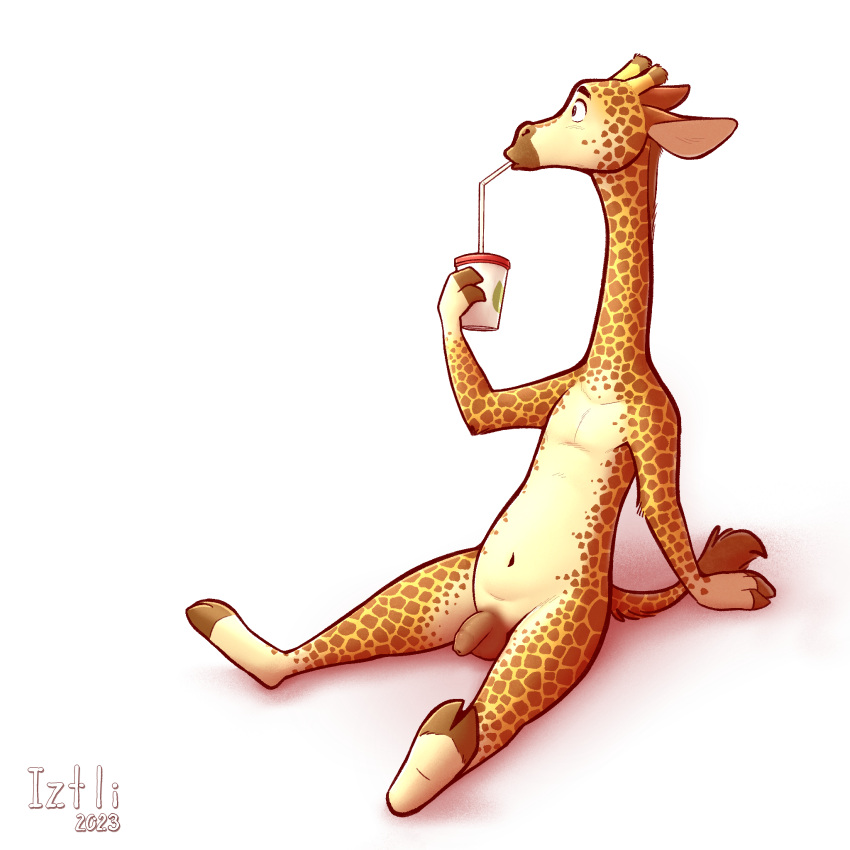 1:1 anthro balls beverage biped countershade_torso countershading eyebrows flaccid foreskin genitals giraffe giraffid hi_res holding_beverage holding_object hooves horn humanoid_genitalia humanoid_penis iztli long_neck male mammal navel ossicone penis simple_background sitting solo tail tail_tuft tuft white_background