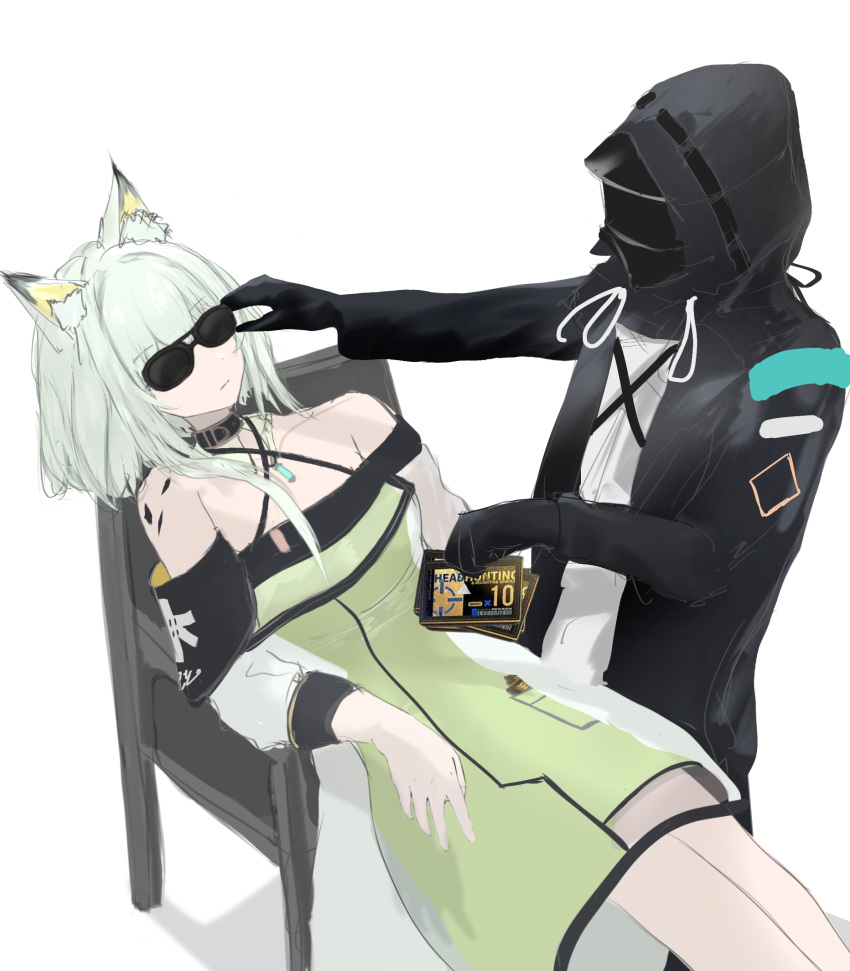 1girl 1other animal_ear_fluff animal_ears arknights black_gloves black_jacket chair closed_mouth doctor_(arknights) dress gloves green_dress grey_hair highres holding hood hood_up hooded_jacket jacket kal'tsit_(arknights) long_sleeves mebe_(teadia_violet) meme on_chair open_clothes open_jacket puffy_long_sleeves puffy_sleeves see-through shirt simple_background sunglasses white_background white_shirt