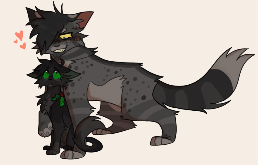 age_difference ashfur_(warriors) black_body black_fur domestic_cat duo felid feline felis female feral fur grey_body grey_fur grin hi_res hollyleaf_(warriors) male mammal smile warriors_(cats) wastepaw