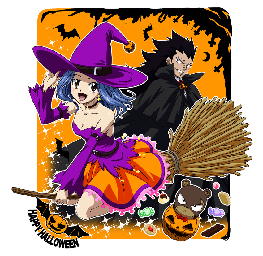 1boy 1girl bat black_hair blue_hair breasts broom candy cape cleavage collar fairy_tail fur gajeel_redfox halloween hat levy_mcgarden long_hair pantherlily piercing pumpkin spiked_hair spiky_hair sweets witch_hat