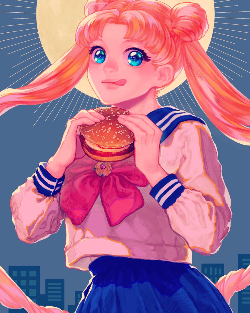 1girl bishoujo_senshi_sailor_moon blonde_hair blue_eyes blue_sailor_collar blue_skirt bow food full_moon highres holding holding_food licking looking_at_viewer mamige666_(nobara666) moon night outdoors red_bow sailor_collar sailor_moon school_uniform serafuku shirt skirt solo tsukimi_burger tsukino_usagi twintails white_shirt