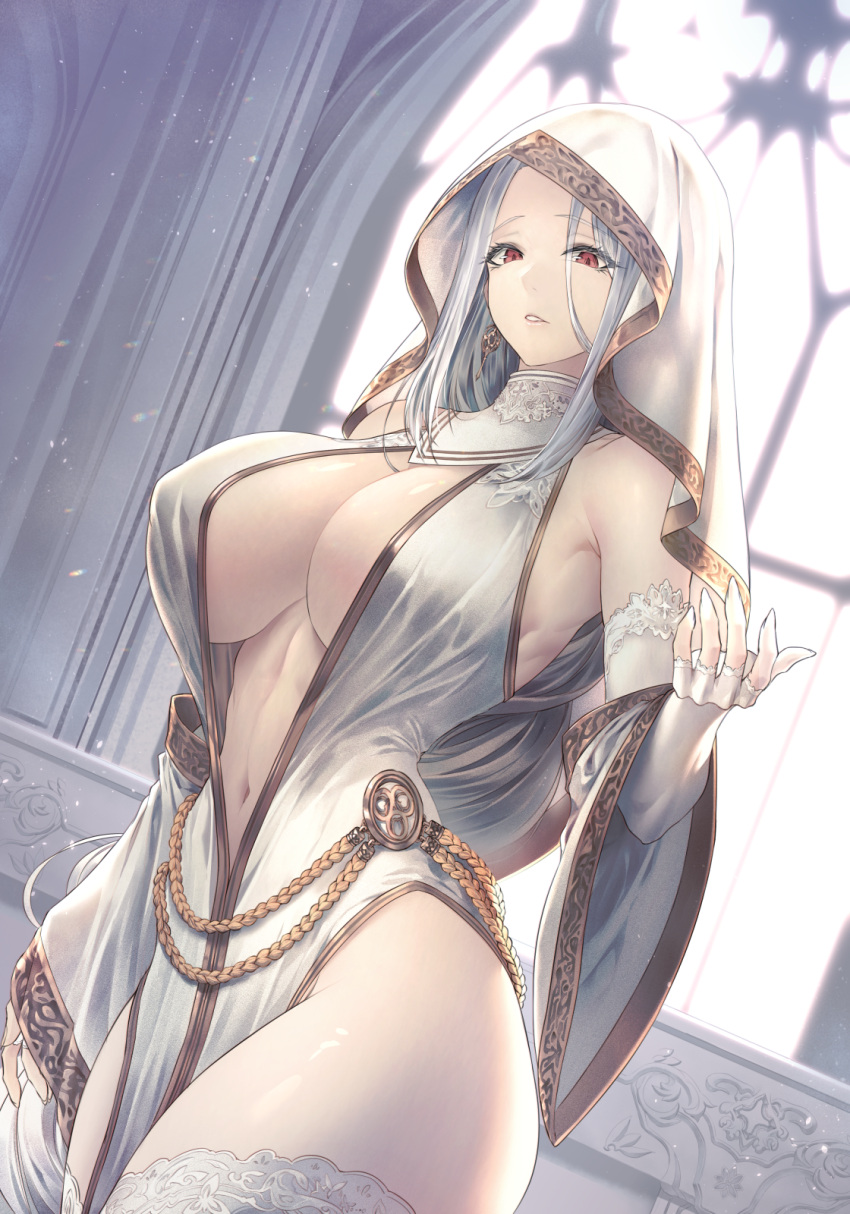 1girl backlighting bare_shoulders breasts center_opening cleavage detached_sleeves dress earrings elbow_gloves fingerless_gloves gloves highres jewelry large_breasts limeblock long_hair looking_at_viewer navel original parted_bangs parted_lips pelvic_curtain red_eyes solo thighhighs thighs veil white_dress white_hair white_headwear white_thighhighs wide_sleeves